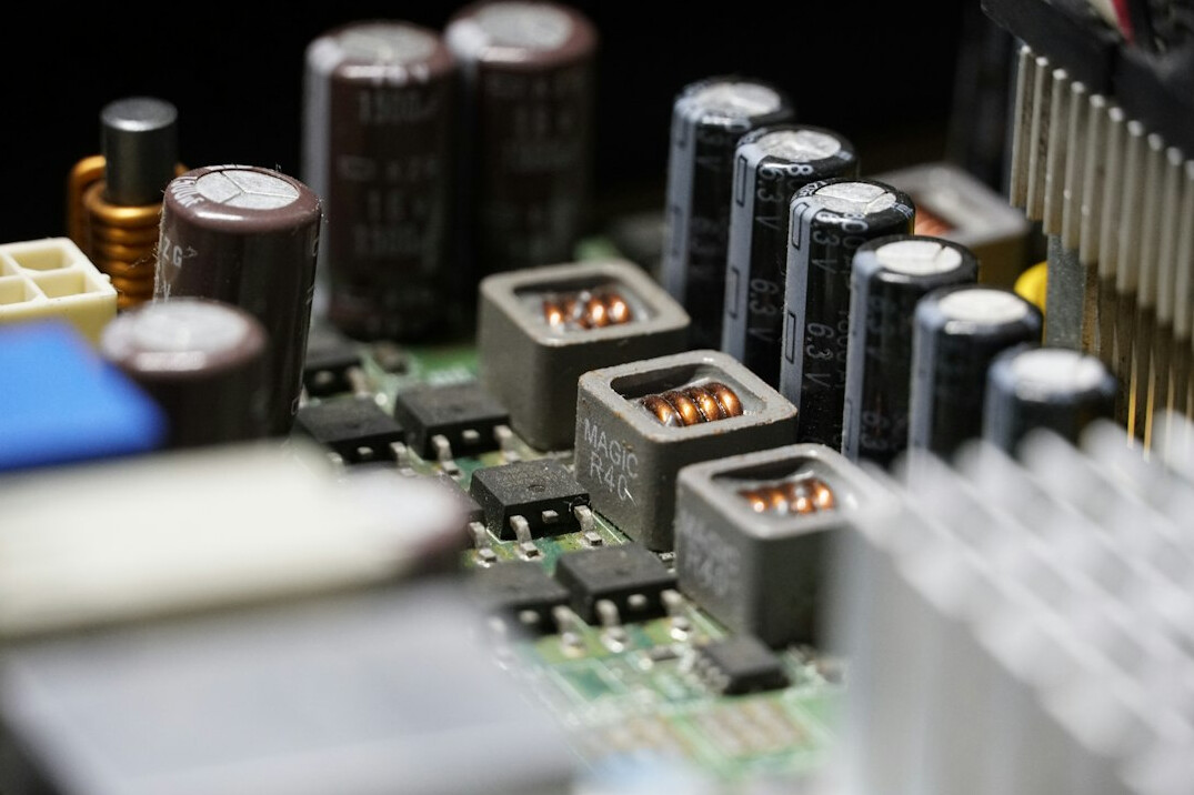 Circuit board with electronic components close up