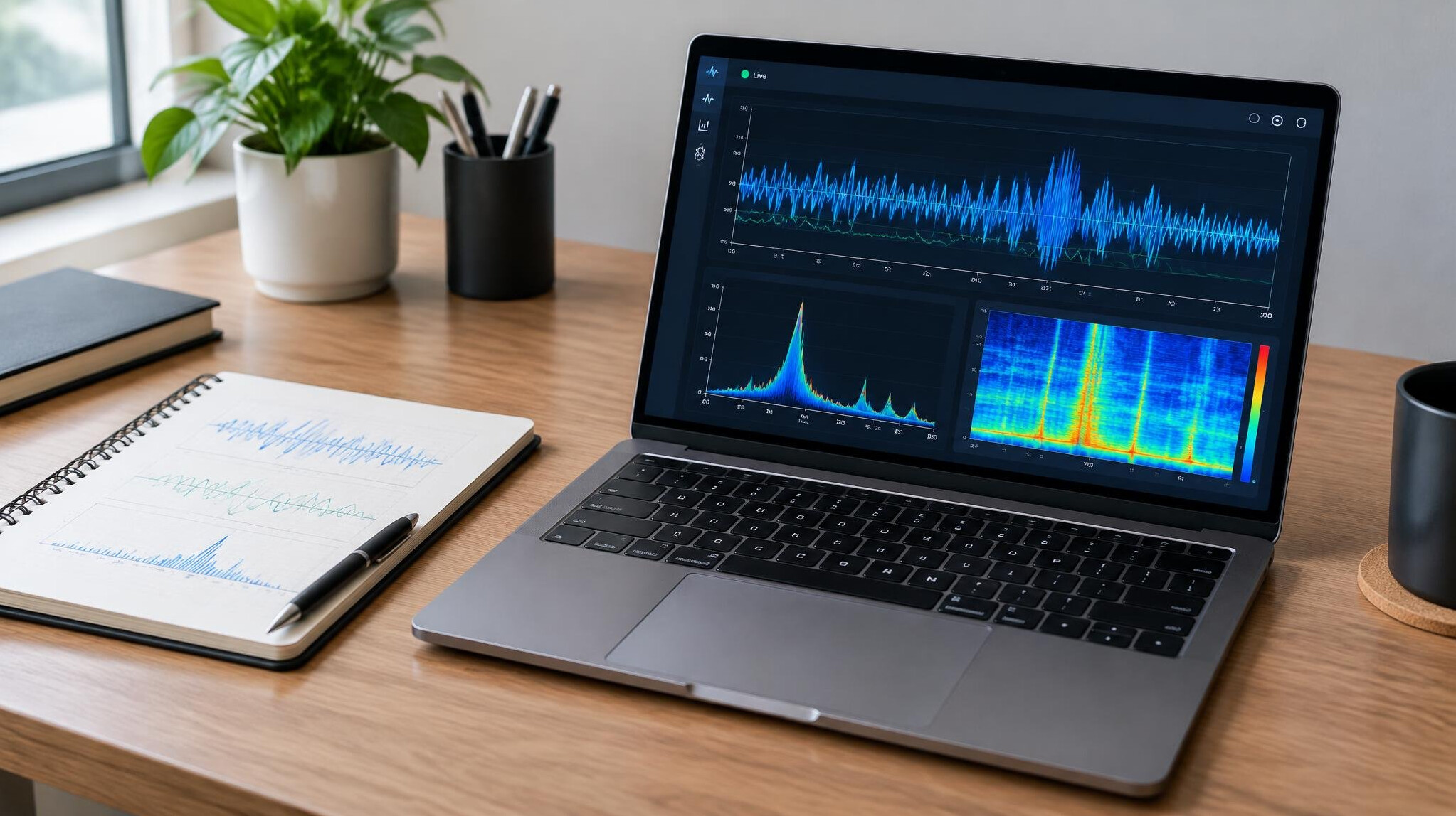 Laptop displaying analytics and signal graphs